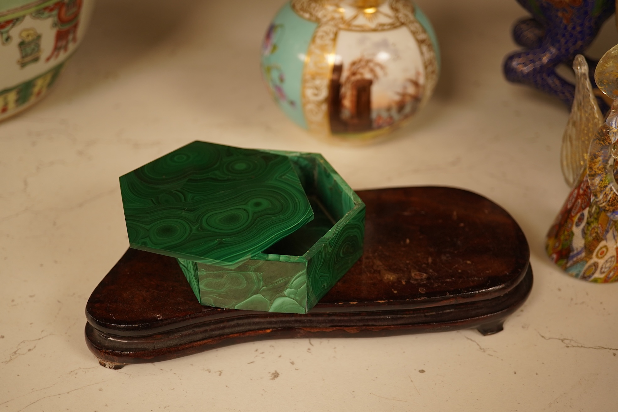 A Chinese cloisonné enamel horse and vase, two miniature Rockingham floral teapots, a malachite box etc (9). Cloisonné horse 20cm long.